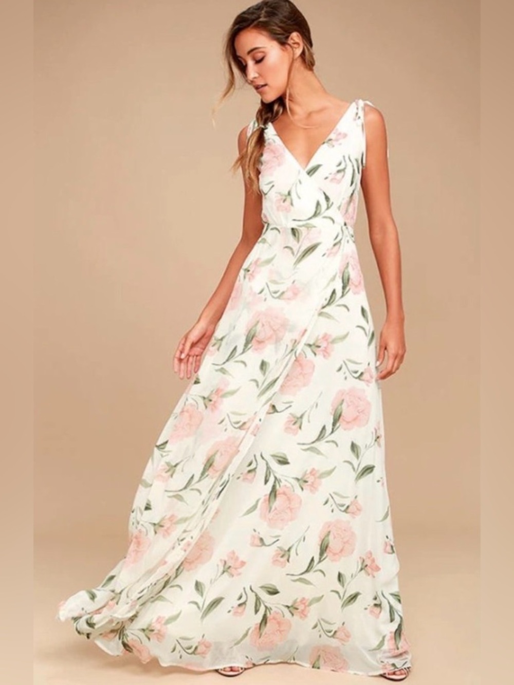 Lulu’s white pink sage floral Romantic Possibilities tie strap maxi dress NWT S